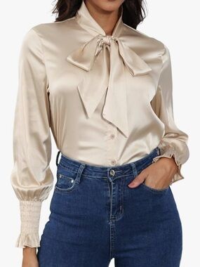 Tie-Neck Satin Blouse in Cream